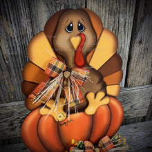 Load image into Gallery viewer, Thanksgiving centerpiece, Turkey decoration, table, mantle, shelf, porch fall decor, Wooden Pilgrim Turkey, Autumn floral table arrangement