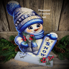 Load image into Gallery viewer, Snowman decoration, Shelf sitter Snowman, Blue and Silver Christmas decor, Winter tiered tray decor, let it snow sign, Wooden Snowman decor