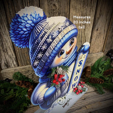 Load image into Gallery viewer, Snowman decoration, Shelf sitter Snowman, Blue and Silver Christmas decor, Winter tiered tray decor, let it snow sign, Wooden Snowman decor