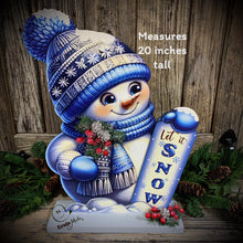 Load image into Gallery viewer, Snowman decoration, Shelf sitter Snowman, Blue and Silver Christmas decor, Winter tiered tray decor, let it snow sign, Wooden Snowman decor