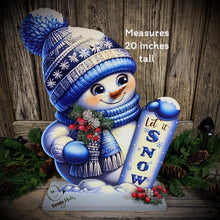 Load image into Gallery viewer, Snowman decoration, Shelf sitter Snowman, Blue and Silver Christmas decor, Winter tiered tray decor, let it snow sign, Wooden Snowman decor
