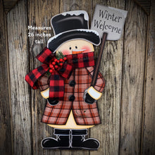 Load image into Gallery viewer, Snowman door hanger, Christmas door hanger, Winter porch decor, Wood Christmas decor, primitive snowman boots, snowman wreath for front door