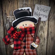 Load image into Gallery viewer, Snowman door hanger, Christmas door hanger, Winter porch decor, Wood Christmas decor, primitive snowman boots, snowman wreath for front door