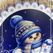 Load image into Gallery viewer, Snowman door hanger, Winter door hanger, Snowman wreath, Wooden Snowman decor, blue and silver winter sign, Christmas decoration for door