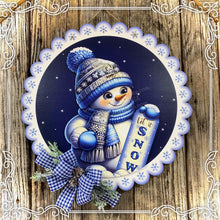 Load image into Gallery viewer, Snowman door hanger, Winter door hanger, Snowman wreath, Wooden Snowman decor, blue and silver winter sign, Christmas decoration for door