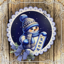 Load image into Gallery viewer, Snowman door hanger, Winter door hanger, Snowman wreath, Wooden Snowman decor, blue and silver winter sign, Christmas decoration for door