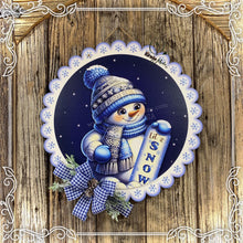 Load image into Gallery viewer, Snowman door hanger, Winter door hanger, Snowman wreath, Wooden Snowman decor, blue and silver winter sign, Christmas decoration for door