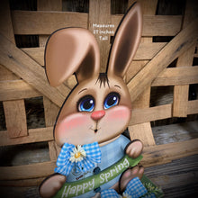 Load image into Gallery viewer, Spring Decoration, Easter Bunny centerpiece, shelf sitter, Vintage Easter Farmhouse decor, wood Bunny with Easter sign, Primitive rabbit