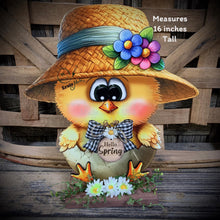Load image into Gallery viewer, Spring Decoration, Easter baby chick centerpiece, Wooden baby chic, Chicken Farmhouse decor, wood chick with hello spring sign, Easter egg