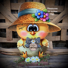 Load image into Gallery viewer, Spring Decoration, Easter baby chick centerpiece, Wooden baby chic, Chicken Farmhouse decor, wood chick with hello spring sign, Easter egg