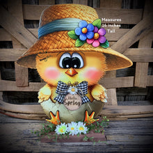 Load image into Gallery viewer, Spring Decoration, Easter baby chick centerpiece, Wooden baby chic, Chicken Farmhouse decor, wood chick with hello spring sign, Easter egg
