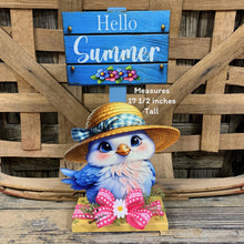 Load image into Gallery viewer, Summer Decoration, cute blue bird with hat, entry table, shelf sitter, Tiered tray, hello summer sign, porch garden arrangement table decor