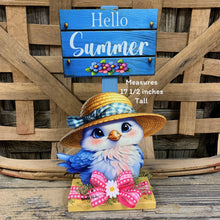 Load image into Gallery viewer, Summer Decoration, cute blue bird with hat, entry table, shelf sitter, Tiered tray, hello summer sign, porch garden arrangement table decor