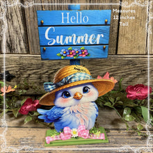 Load image into Gallery viewer, Summer Decoration, blue bird decoration for table, shelf sitter, tiered tray, hello summer sign, bird centerpiece, cottage garden floral