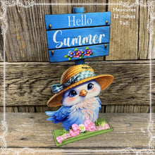 Load image into Gallery viewer, Summer Decoration, blue bird decoration for table, shelf sitter, tiered tray, hello summer sign, bird centerpiece, cottage garden floral