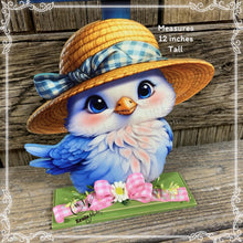 Load image into Gallery viewer, Summer Decoration, blue bird decoration for table, shelf sitter, tiered tray, hello summer sign, bird centerpiece, cottage garden floral