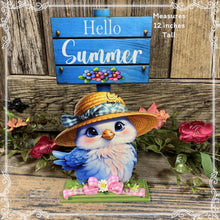 Load image into Gallery viewer, Summer Decoration, blue bird decoration for table, shelf sitter, tiered tray, hello summer sign, bird centerpiece, cottage garden floral