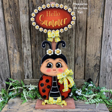 Load image into Gallery viewer, Ladybug decoration, hello summer sign, Ladybug summer arrangement, wooden ladybug with stand, summer Porch decor, cute garden sign, daisies