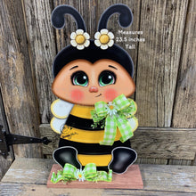 Load image into Gallery viewer, Bee decoration for summer, Bee floral arrangement, Wooden Bee with stand, Queen Bee, cute bumble Bee, entry way, shelf, garden, porch decor