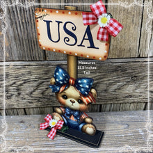 Load image into Gallery viewer, Patriotic decoration, USA, America sign, Fourth of July, Summer tiered tray, 4th of July decor for kitchen, office decor, shelf sitter, bear