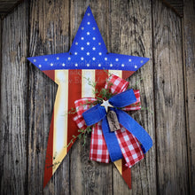 Load image into Gallery viewer, Patriotic decoration for front door, summer door hanger, red, white and blue star, Fourth of July wreath, 4th of July floral, Americana sign