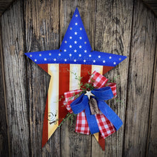 Load image into Gallery viewer, Patriotic decoration for front door, summer door hanger, red, white and blue star, Fourth of July wreath, 4th of July floral, Americana sign