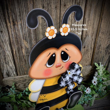 Load image into Gallery viewer, Bee decoration, summer decoration, Bee arrangement, Wooden Bee with stand, Bumble Bee decor, Summer Bee shelf sitter, garden and porch decor