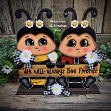 Load image into Gallery viewer, Wooden Ladybug and Bee decoration, Ladybug with glasses, whimsical Bee on stand, gift for friend, cottage table decor, Garden shelf sitter