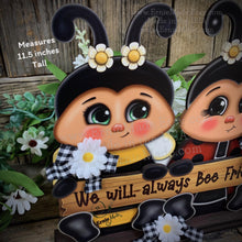 Load image into Gallery viewer, Wooden Ladybug and Bee decoration, Ladybug with glasses, whimsical Bee on stand, gift for friend, cottage table decor, Garden shelf sitter