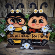 Load image into Gallery viewer, Wooden Ladybug and Bee decoration, Ladybug with glasses, whimsical Bee on stand, gift for friend, cottage table decor, Garden shelf sitter