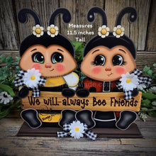 Load image into Gallery viewer, Wooden Ladybug and Bee decoration, Ladybug with glasses, whimsical Bee on stand, gift for friend, cottage table decor, Garden shelf sitter