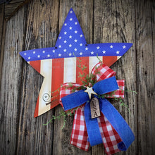 Load image into Gallery viewer, Patriotic decoration for front door, summer door hanger, red, white and blue star, Fourth of July wreath, 4th of July floral, Americana sign