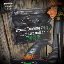 Load image into Gallery viewer, Halloween Decoration, Witch broom parking sign, Cute frog with witch hat, Jack o lantern pumpkin, Halloween Witch decor for entryway or home