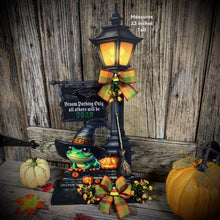 Load image into Gallery viewer, Halloween Decoration, Witch broom parking sign, Cute frog with witch hat, Jack o lantern pumpkin, Halloween Witch decor for table or mantle