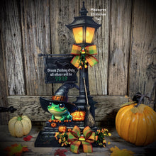 Load image into Gallery viewer, Halloween Decoration, Witch broom parking sign, Cute frog with witch hat, Jack o lantern pumpkin, Halloween Witch decor for table or mantle