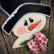 Load image into Gallery viewer, Snowman door hanger, Christmas door hanger, Snowman wreath, Wooden Snowman decor, Large Snowman Head for front door, Wood Christmas Snowman