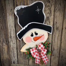 Load image into Gallery viewer, Snowman door hanger, Christmas door hanger, Snowman wreath, Wooden Snowman decor, Large Snowman Head for front door, Wood Christmas Snowman