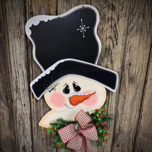 Load image into Gallery viewer, Snowman door hanger, Christmas door hanger, Snowman wreath, Wooden Snowman decor, Large Snowman Head for front door, Wood Christmas Snowman