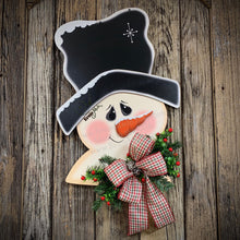 Load image into Gallery viewer, Snowman door hanger, Christmas door hanger, Snowman wreath, Wooden Snowman decor, Large Snowman Head for front door, Wood Christmas Snowman