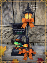 Load image into Gallery viewer, Halloween Decoration, Witch broom parking sign, cute frog with witch hat, Jack o lantern pumpkin, Halloween Witch decor for table or shelf