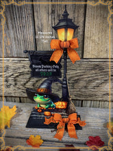 Load image into Gallery viewer, Halloween Decoration, Witch broom parking sign, cute frog with witch hat, Jack o lantern pumpkin, Halloween Witch decor for table or shelf