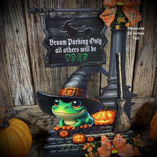 Load image into Gallery viewer, Halloween Decoration, Witch broom parking sign, Cute frog with witch hat, Jack o lantern pumpkin, Halloween Witch decor for entryway or home