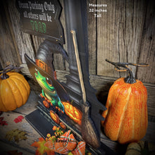 Load image into Gallery viewer, Halloween Decoration, Witch broom parking sign, Cute frog with witch hat, Jack o lantern pumpkin, Halloween Witch decor for entryway or home