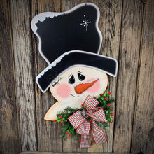 Load image into Gallery viewer, Snowman door hanger, Christmas door hanger, Snowman wreath, Wooden Snowman decor, Large Snowman Head for front door, Wood Christmas Snowman