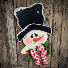 Load image into Gallery viewer, Snowman door hanger, Christmas door hanger, Snowman wreath, Wooden Snowman decor, Large Snowman Head for front door, Wood Christmas Snowman