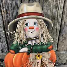 Load image into Gallery viewer, Scarecrow, Pumpkin centerpiece, Fall wood decor, Thanksgiving porch decor, Primitive Scarecrow on pumpkin sign, Fall arrangement, Halloween