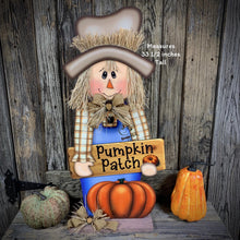Load image into Gallery viewer, Scarecrow for Fall decoration, Pumpkin sign for porch, Hello Fall sign, Wooden Scarecrow with hat, Halloween porch decor, Thanksgiving decor