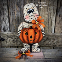 Load image into Gallery viewer, Halloween decoration, Mummy, Jack-o-lantern pumpkin centerpiece, Mummy shelf sitter, Halloween table decor, Candy corn, Fall Farmhouse decor