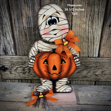 Load image into Gallery viewer, Halloween decoration, Mummy, Jack-o-lantern pumpkin centerpiece, Mummy shelf sitter, Halloween table decor, Candy corn, Fall Farmhouse decor