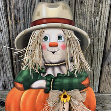 Load image into Gallery viewer, Scarecrow, Pumpkin centerpiece, Fall wood decor, Thanksgiving porch decor, Primitive Scarecrow on pumpkin sign, Fall arrangement, Halloween